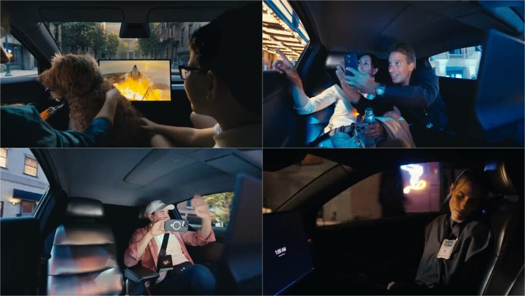 Passengers Enjoying Movies, Outdoor Views, and Naps in Robotaxi 