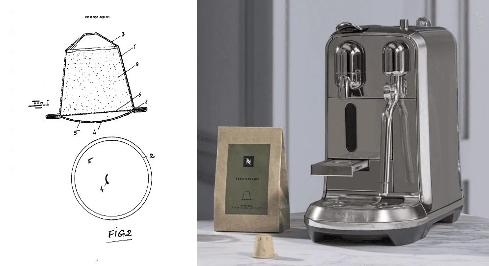 The Early Patent (0554469B1) in 1992 and Nespresso Machine (Right Image Source: https://nestle-nespresso.com)